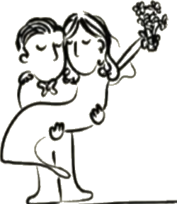Ink sketch of a groom carrying a bride with a bouquet